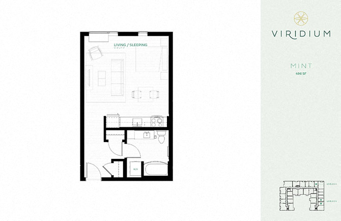Floor plan for studio, 1 bath, 496 sqft