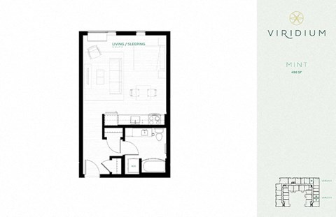 Floor plan for studio, 1 bath, 496 sqft