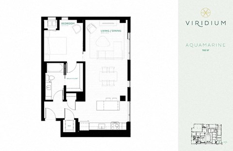 Floor plan for 1 bed, 1 bath, 765 sqft