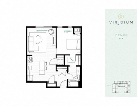 Floor plan for 1 bed, 1 bath, 723 sqft