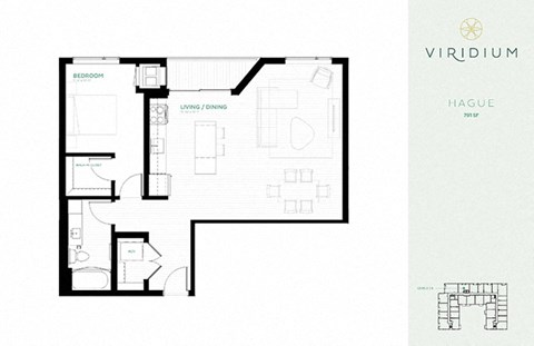 Floor plan for 1 bed, 1 bath, 791 sqft