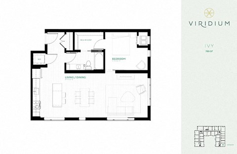 Floor plan for 1 bed, 1 bath, 789 sqft