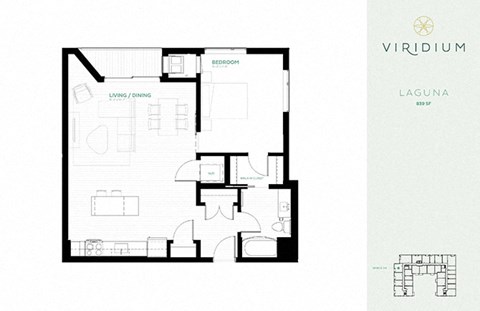 Floor plan for 1 bed, 1 bath, 839 sqft