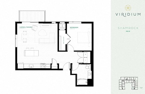 Floor plan for 1 bed, 1 bath, 795 sqft