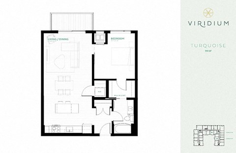 Floor plan for 1 bed, 1 bath, 751 sqft