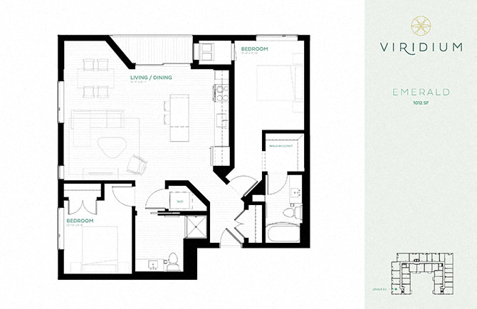 Floor plan for 2 beds, 2 baths, 1012 sqft