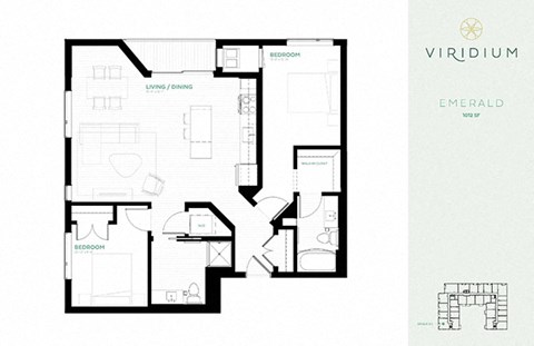 Floor plan for 2 beds, 2 baths, 1012 sqft