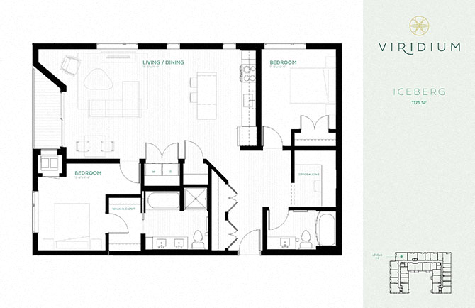 Floor plan for 2 beds, 2 baths, 1175 sqft