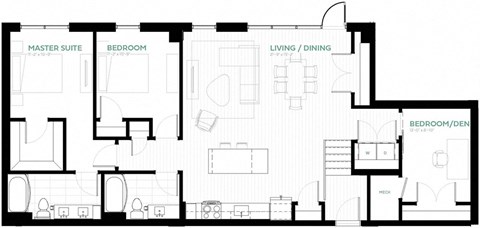 Floor plan for 3 beds, 2 baths, 1334 sqft