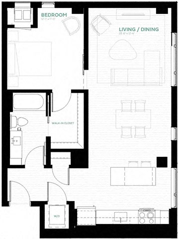 Floor plan for 1 bed, 1 bath, 765 sqft