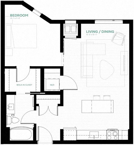 Floor plan for 1 bed, 1 bath, 672 sqft