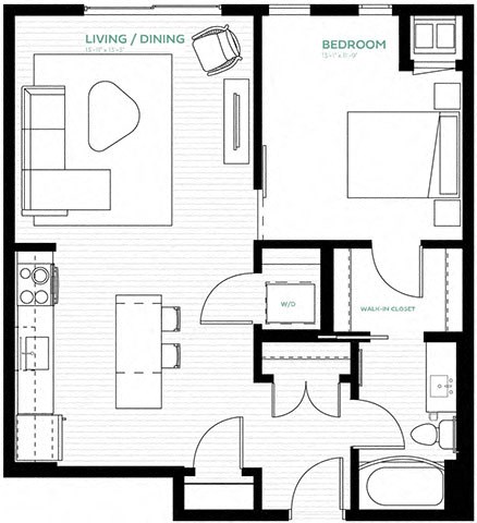 Floor plan for 1 bed, 1 bath, 723 sqft