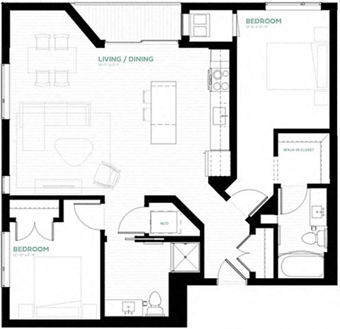 Floor plan for 2 beds, 2 baths, 1012 sqft
