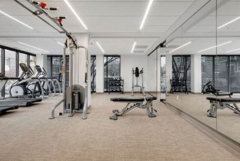 A gym with a variety of equipment including treadmills, weights, and benches.