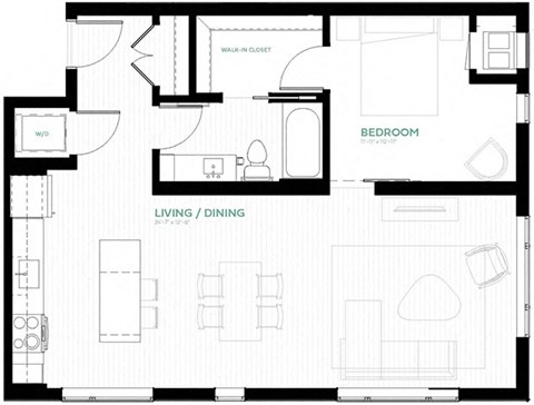Floor plan for 1 bed, 1 bath, 789 sqft