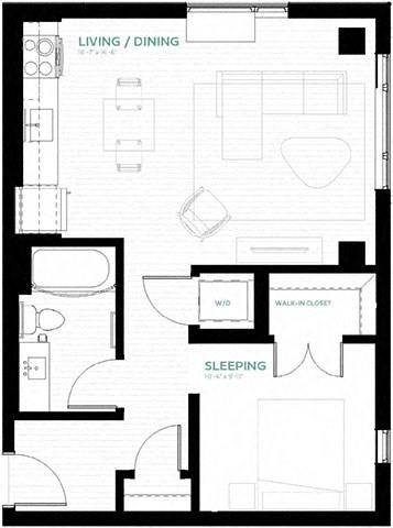 Floor plan for 1 bed, 1 bath, 593 sqft