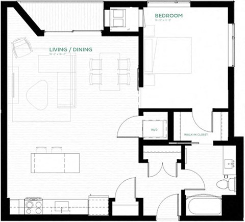 Floor plan for 1 bed, 1 bath, 839 sqft