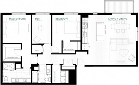 Floor plan for 2 beds, 2 baths, 1406 sqft