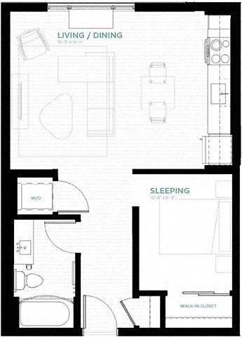 Floor plan for 1 bed, 1 bath, 575 sqft
