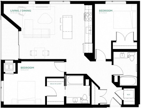 Floor plan for 2 beds, 2 baths, 1036 sqft