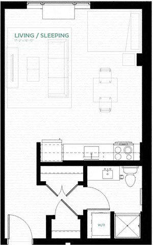 Floor plan for studio, 1 bath, 492 sqft