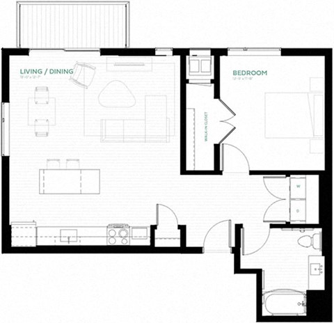 Floor plan for 1 bed, 1 bath, 795 sqft