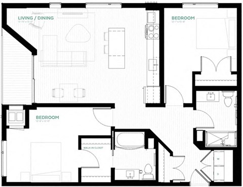 Floor plan for 2 beds, 2 baths, 1036 sqft