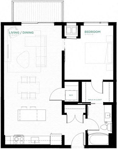 Floor plan for 1 bed, 1 bath, 751 sqft
