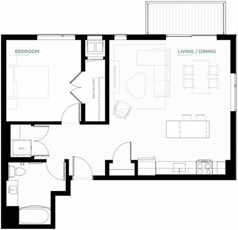 Floor plan for 1 bed, 1 bath, 795 sqft