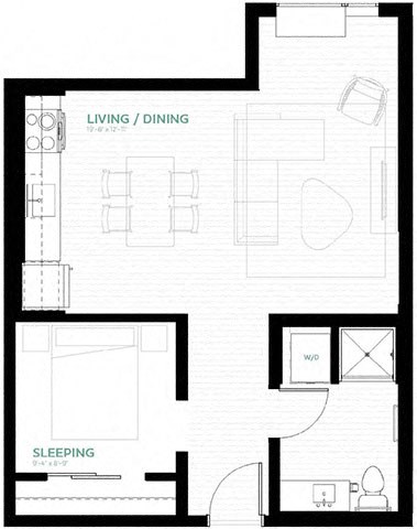 Floor plan for 1 bed, 1 bath, 577 sqft