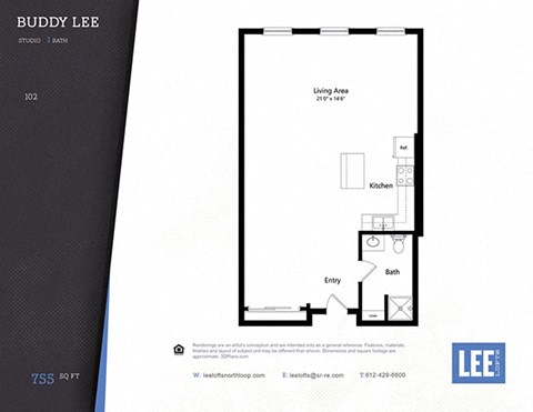 Floor plan for studio, 1 bath, 755 sqft