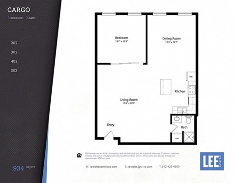 Floor plan for 1 bed, 1 bath, 934 sqft