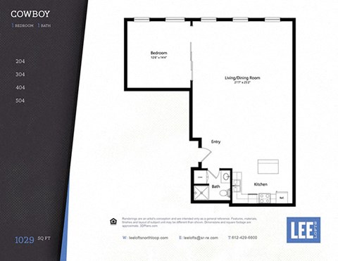 Floor plan for 1 bed, 1 bath, 1029 sqft