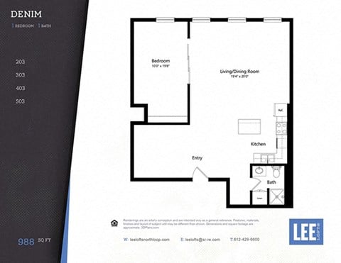 Floor plan for 1 bed, 1 bath, 988 sqft