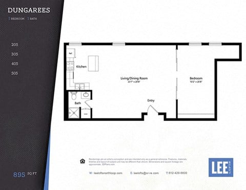 Floor plan for 1 bed, 1 bath, 895 sqft