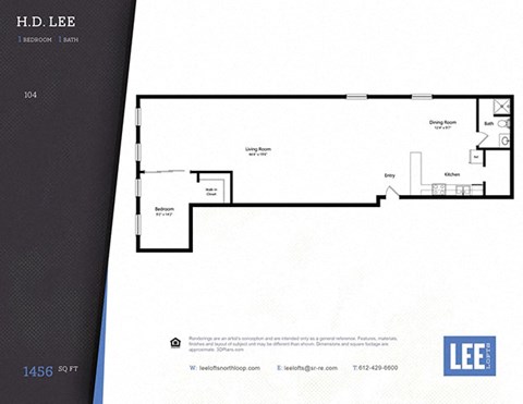 Floor plan for 1 bed, 1 bath, 986 sqft