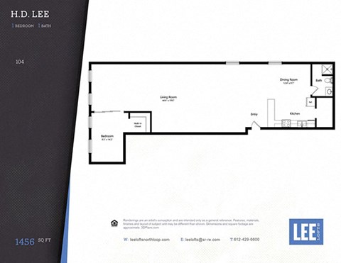 Floor plan for 1 bed, 1 bath, 1456 sqft