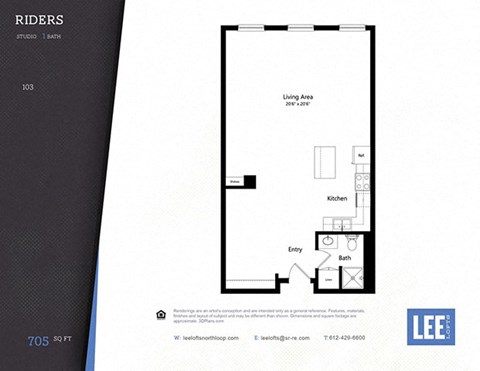 Floor plan for studio, 1 bath, 705 sqft