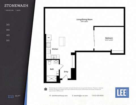 Floor plan for 1 bed, 1 bath, 1115 sqft