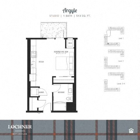 Floor plan for studio, 1 bath, 513 sqft