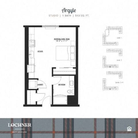 Floor plan for studio, 1 bath, 513 sqft