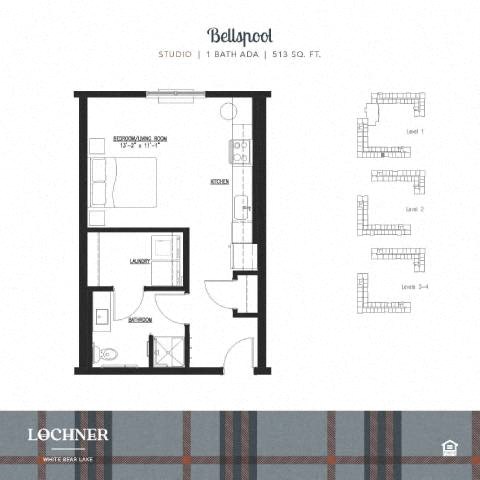 Floor plan for studio, 1 bath, 513 sqft