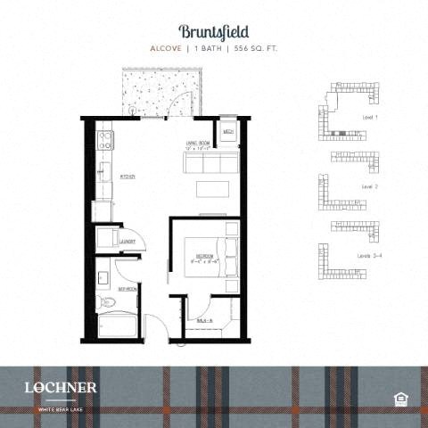 Floor plan for 1 bed, 1 bath, 556 sqft