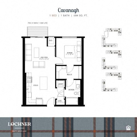 Floor plan for 1 bed, 1 bath, 684 sqft