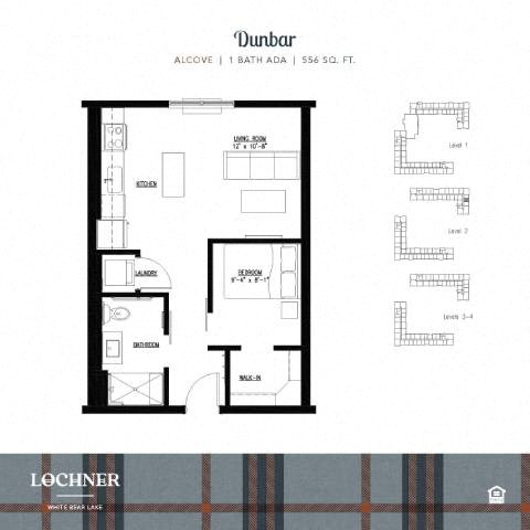 Floor plan for 1 bed, 1 bath, 556 sqft