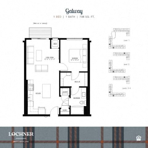 Floor plan for 1 bed, 1 bath, 708 sqft
