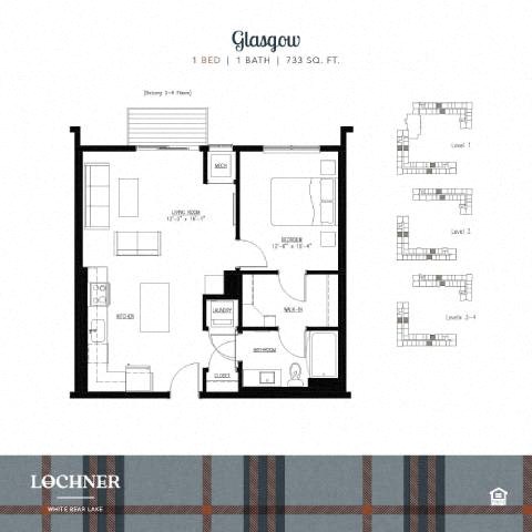 Floor plan for 1 bed, 1 bath, 733 sqft