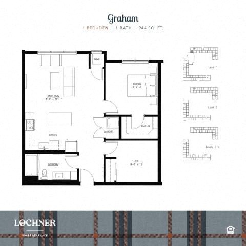 Floor plan for 2 beds, 1 bath, 944 sqft