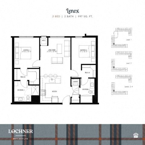 Floor plan for 2 beds, 2 baths, 997 sqft