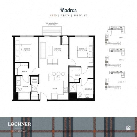 Floor plan for 2 beds, 2 baths, 998 sqft